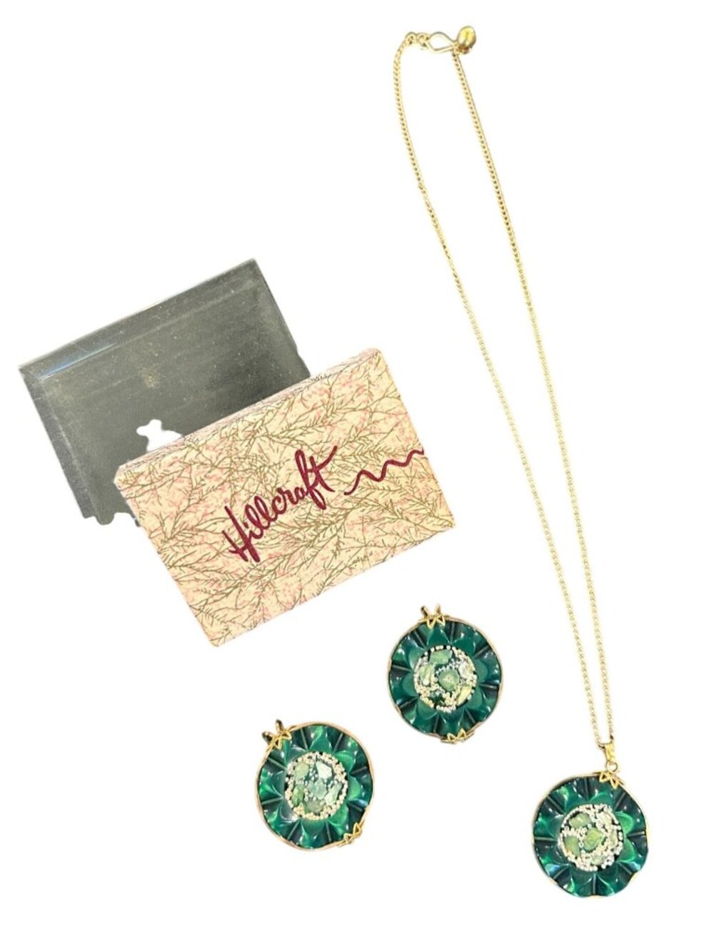 Hillcraft Vintage Gold Necklace & Clip-On Earrings Set  Green & Floral Design